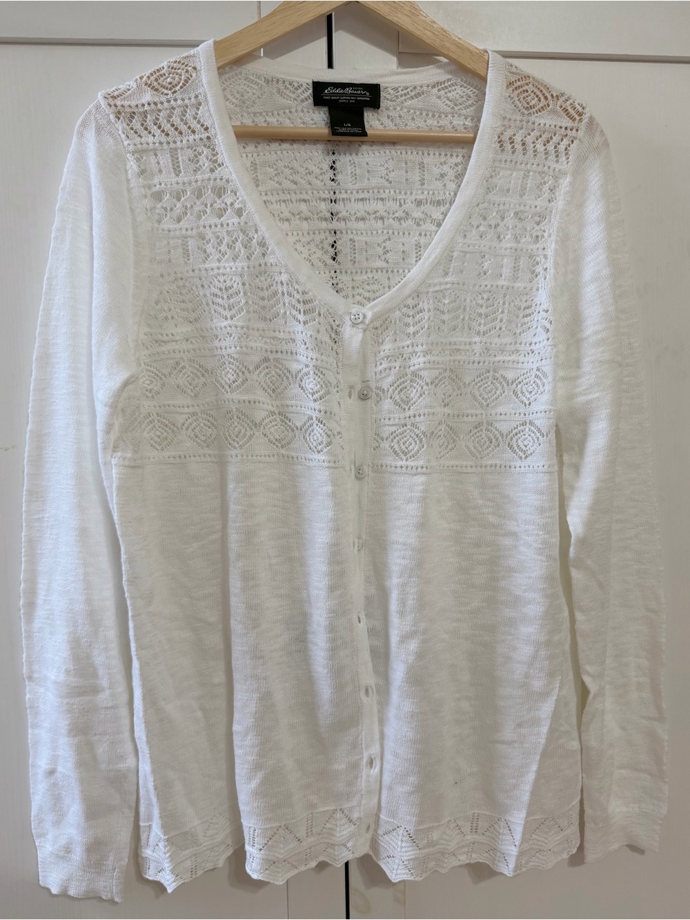 Eddie Bauer White Lace Crochet Cardigan L Cottagecore Coquette Boho 100% Cotton